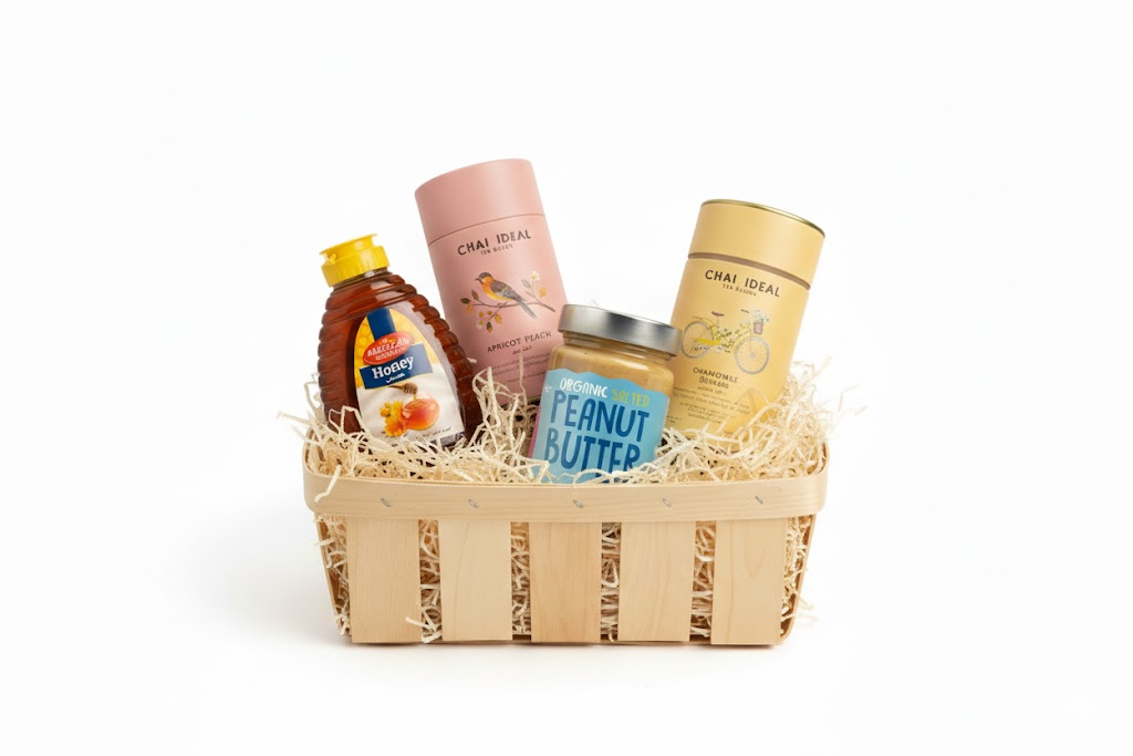 Premium FMCG product basket featuring American Gourmet Honey, Chai Ideal tea, and Organic Peanut Butter